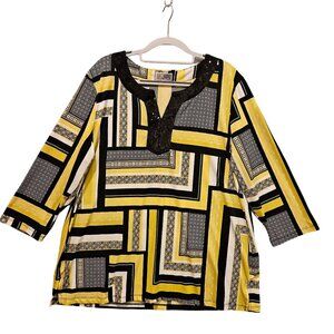 JM Collections Tunic Blouse Womens XL Yellow Black White Geometric Design